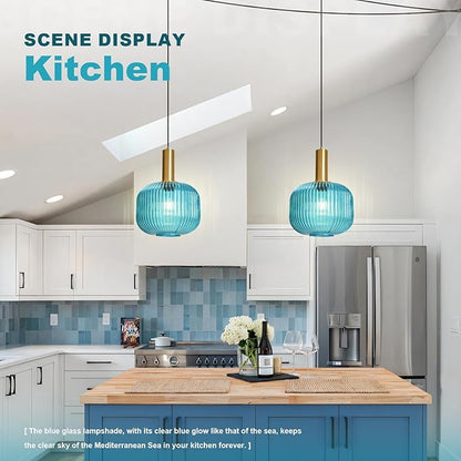 2 Pack Plug in Pendant Light, Blue Ribbed Glass Hanging Light Fixture with 14.76Ft Cord and On/Off Switch, Coastal Hanging Lamp Plug in for Kitchen Dining Room Bedroom Beach House