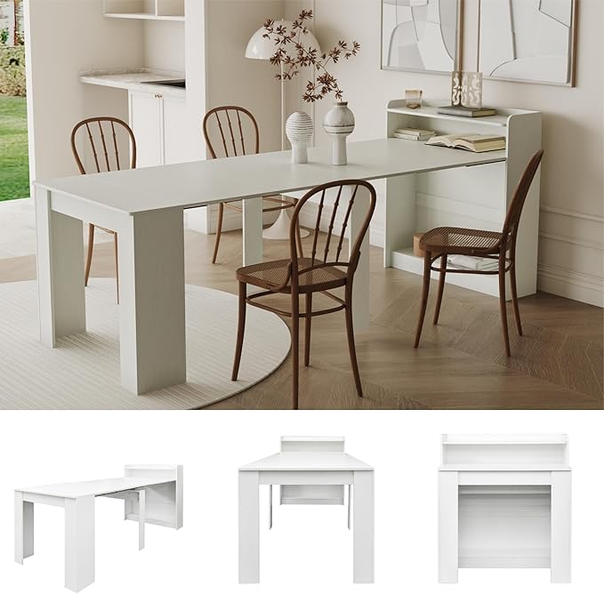 98.4" Wood Extendable Console Dining Table for 6 8 9, 3 in 1 Modern Farmhouse Rectangular Expandable Folding Dinner Table with Storage for Kitchen Dining Room Living Room, Small Space White