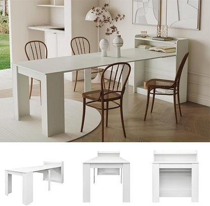 98.4" Wood Extendable Console Dining Table for 6 8 9, 3 in 1 Modern Farmhouse Rectangular Expandable Folding Dinner Table with Storage for Kitchen Dining Room Living Room, Small Space White