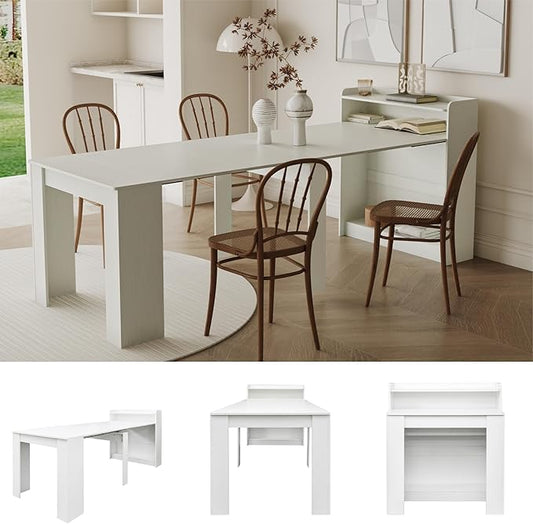 98.4" Wood Extendable Console Dining Table for 6 8 9, 3 in 1 Modern Farmhouse Rectangular Expandable Folding Dinner Table with Storage for Kitchen Dining Room Living Room, Small Space White