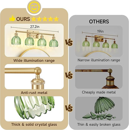 4 Light Vanity Lights for Bathroom, 27.2 in Brushed Brass Gold Bathroom Vanity Lights Over Mirror,Wall-Mounted Bath Room Lighting Fixtures with Green Tulip Glass Shade for Bedroom Living Room