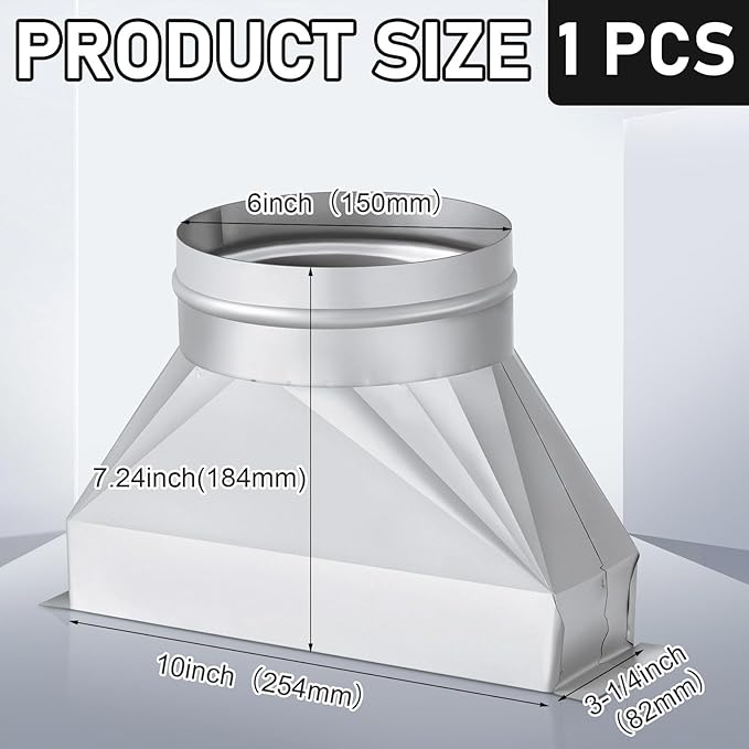 Tandefio 6" Dia Rectangular to Round Duct Transition 3-1/4" x 10" to 6" Galvanized Transition to Round HVAC Duct Adapter Microwave Vent Kit for Range Hood, Exhaust Vent