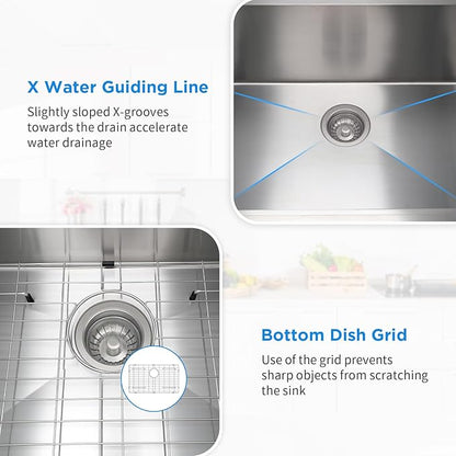 SANYCASA 32 Inch Undermount Kitchen Sink with Quiet Drain, Bottom Grid - 11 Gauge Stainless Steel Single Bowl