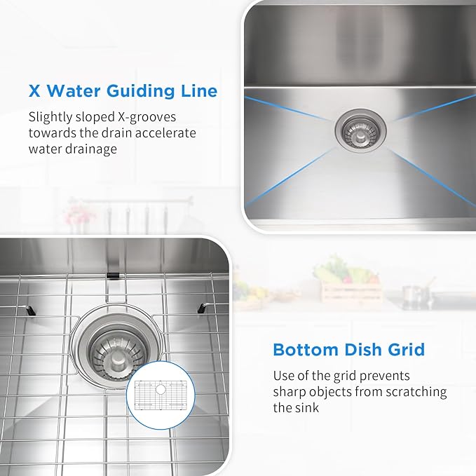 SANYCASA 28 x 18 Inch Undermount Kitchen Sink with Quiet Drain, Bottom Grid - 11 Gauge Stainless Steel Single Bowl