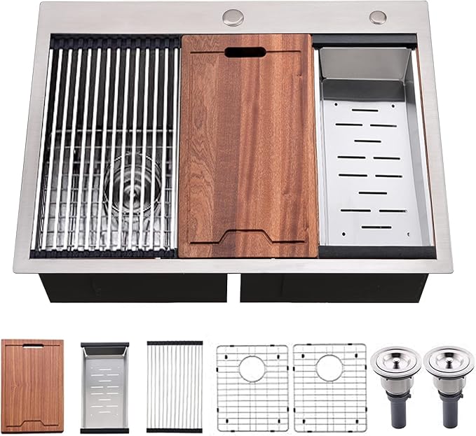 33 Inch Double Bowl Drop In Kitchen Sink Workstation - VOKIM 33 x 22 Inch Stainless Steel sink 16 Gauge Stainless Steel Drop In Kitchen Sink 10 Inch Deep 50/50 Double Bowl Sink