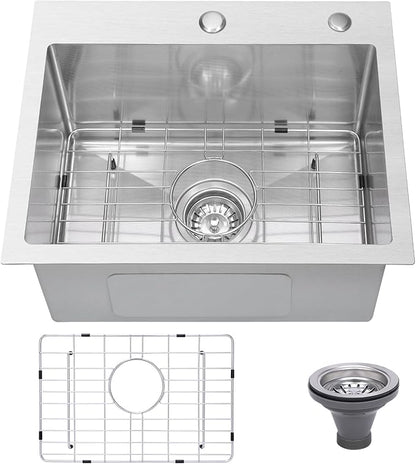 Drop In Kitchen Sink 25x22", 9" Basin Depth, 18 Gauge Stainless Steel Sink, 3D Embossed Surface Finish Top Mount with Accessories