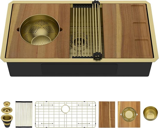 36 Gold Undermount Kitchen Sink - Workstation All-In One 16 Gauge Stainless Steel Single Bowl Handmade Large Sink for Kitchen with Mixing Board and Pasta Strainer #TLU-0050