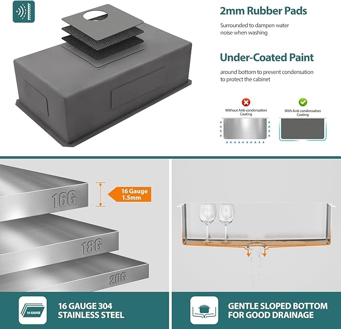 30 inch Undermount Kitchen Sink 30"x19" Kitchen Sink 16 Gauge Stainless Steel Single Bowl Under Modern Under Counter