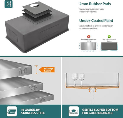 30 inch Undermount Kitchen Sink 30"x19" Kitchen Sink 16 Gauge Stainless Steel Single Bowl Under Modern Under Counter