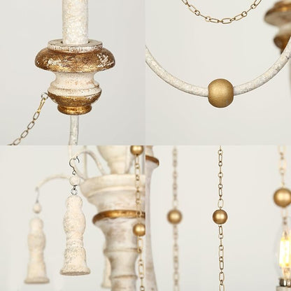 LALUZ Farmhouse Chandelier, 5-Light Distressed Wood Chandeliers for Dining Room, French Country Lighting Lights Fixtures with Bead Strings, 21.5" L x 30" H