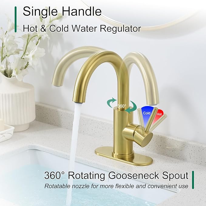 VOTON Bar Sink Faucet, Bathroom Kitchen 360° Rotatable Faucet, Brushed Gold Single Hole Bathroom Faucets Modern Small Mini Kitchen Bath Utility Vanity Outdoor Lavatory Faucets