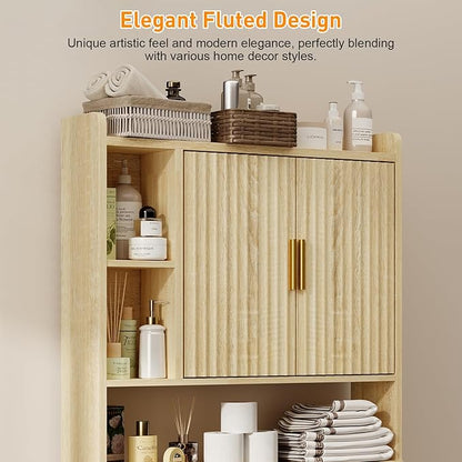 knoworld Fluted Over The Toilet Storage Cabinet, Above Toilet Bathroom Organizer with Toilet Paper Holder, Modern Behind Toilet Cabinet, Space Saver for Restroom, Bathroom, Laundry, Natural Oak
