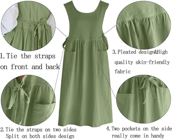 Women Plus Size Cotton Linen Vintage Pleated Split Apron Pinafore Dress with Two Pockets