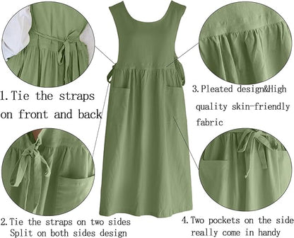 Women Plus Size Cotton Linen Vintage Pleated Split Apron Pinafore Dress with Two Pockets