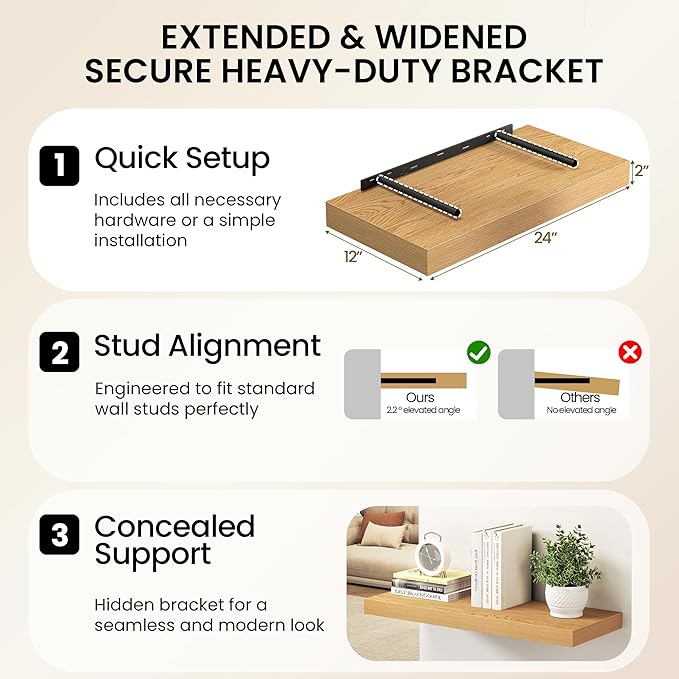 Oak Floating Shelves 48Inch Long, 12 Inch Deep Floating Shelves for Wall, 48 x 12 Large Floating Shelf for Fireplace Mantel, 2" Thicked Rustic Wall Shelves for Living Room, Bedroom Storage, 2 Packs