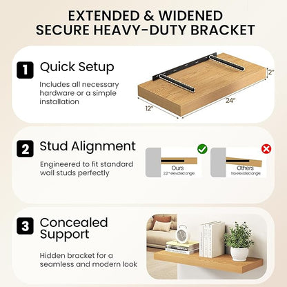 40Inch Oak Floating Shelves for Wall, 12 Inch Deep Shelves for Bedroom, Kitchen, Bathroom Wall Mounted, Rustic Wood Floating Shelf with Invisible Brackets for Books, Storage, Decor, 2 Packs