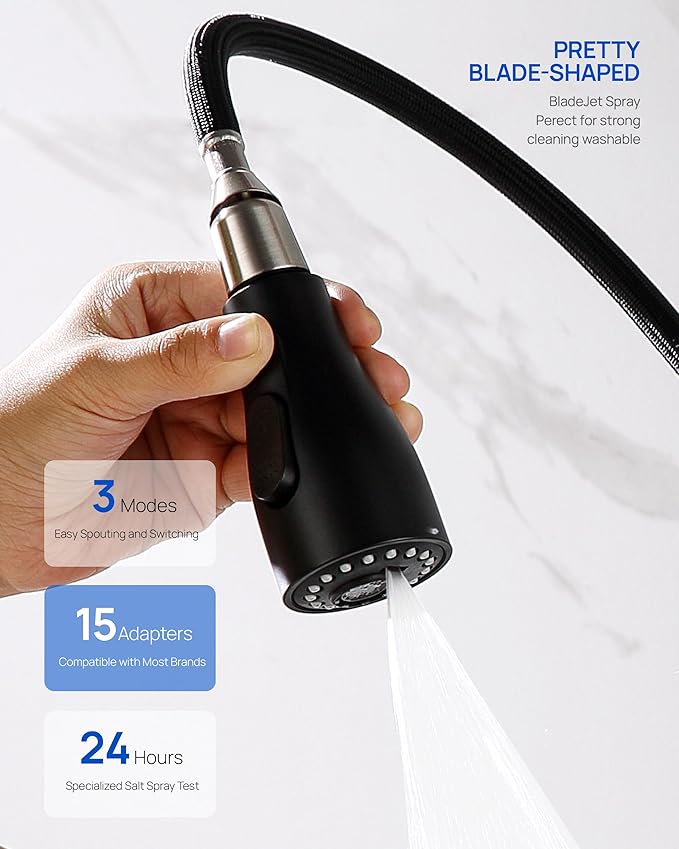 Metal Kitchen Faucet Head Replacement – 3 Mode Kitchen Sink Sprayer Replacement with 15 Nozzle Adapters, Durable Pull Down Spray Head for Kitchen Sink (Stream/Spray/Blade),Stainless Steel, Matte Black