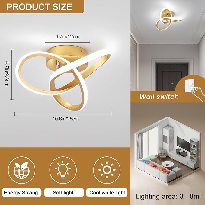 EIDISUNY Modern LED Ceiling Light,25cm 22W Flower Shape Gold LED Ceiling Lights, 6000K Cool White Light Lamp, Modern Ceiling Lights for Living Room, Bedroom, Kitchen, Hallway, Office - Brushed Gold