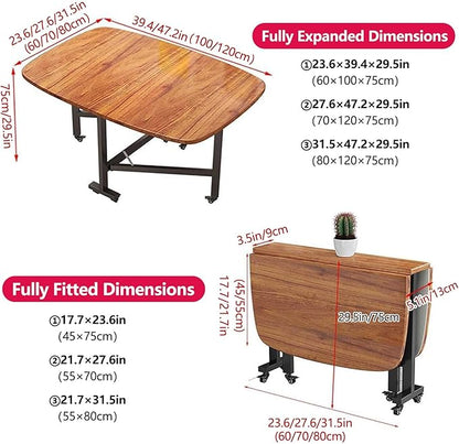 Solid Wooden Foldable Kitchen Table with 6 Wheels, Solid Wooden Foldable Kitchen Table with Carbon Steel Pipe Bracket, Space Saving Butterfly Drop Leaf, Versatile Collapsible Extendable Table(Black,39