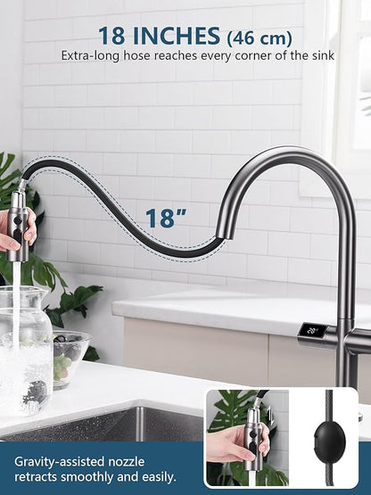 Lefton Touchless Pull-Out Kitchen Faucet, Hands Free Motion Sensor Activated, Battery-Free Temperature Display, KF2206 (Contemporary, Grey)