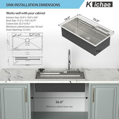 Kichae 33x19 Drop In Kitchen Sink Waterfall - Workstation Kitchen Sink Waterfall Stainless Steel 16 Gauge Luxury Handmade Single Bowl Sinks with Faucet Combo & Glass Rinser