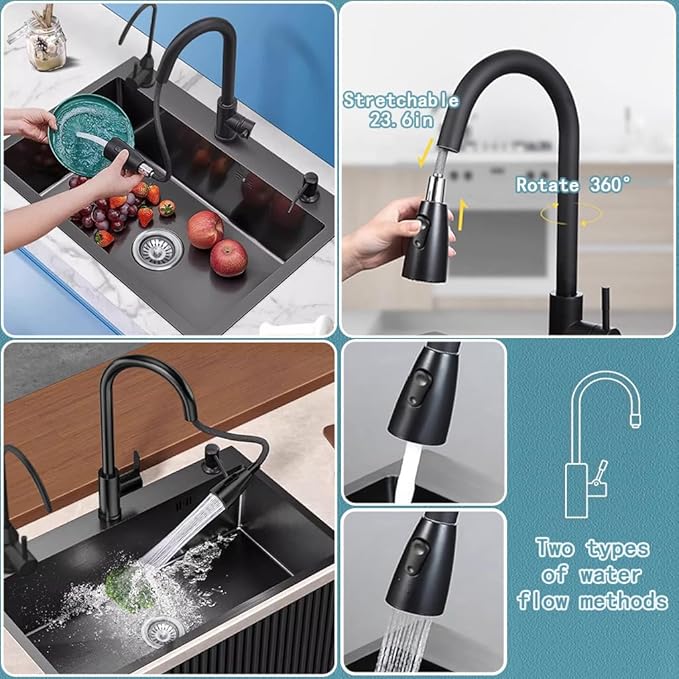 28.3 x 17.7 Inch Black Single Bowl Sink with faucet,Large Capacity Stainless Steel Drop In Kitchen Sink,Topmount Utility Workstation Sink With Multiple Accessories