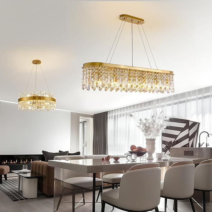 Siljoy Modern Crystal Chandelier for Dining Room, 12-Light Luxury Rectangle K9 Crystal Raindrop Chandelier, Dimmable Oval Crystal Pendant Ceiling Light for Living Room Kitchen Island L47 Inch