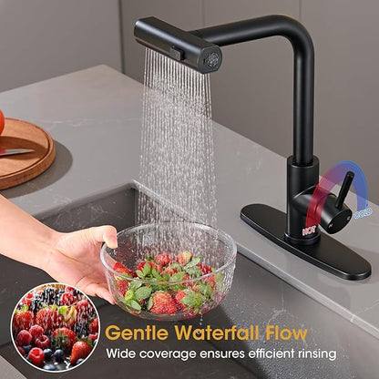 Waterfall Kitchen Faucet with Pull Down Sprayer, ARTIQUA Black Single Handle Kitchen Sink Faucet with Deck Plate Fits 1 or 3 Hole, for Bar RV Laundry Farmhouse Outdoor and Camper