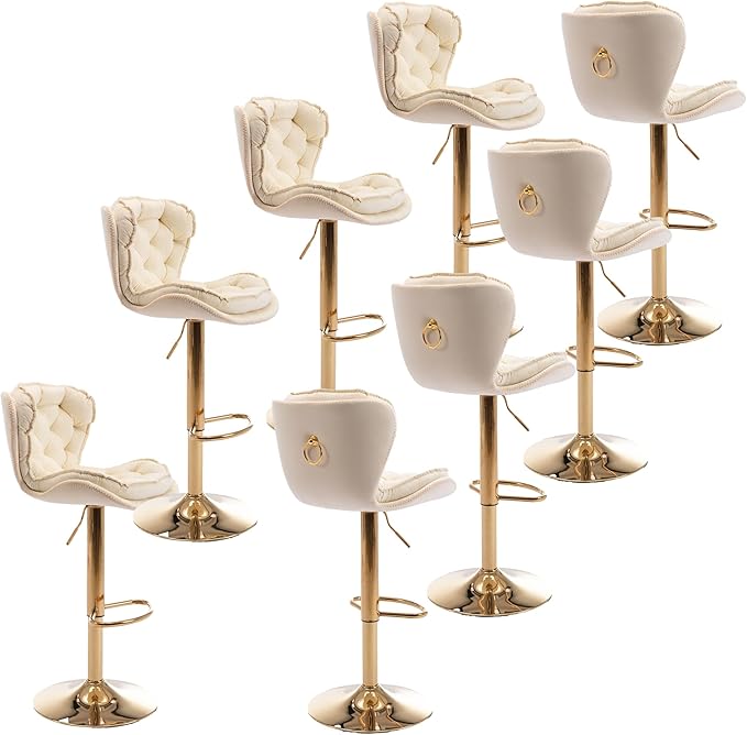 Rhomtree 24-33 Inch Swivel Bar Stools, Adjustable Counter Height Barstools, Velvet Back and Golden Footrest, Bar Chairs for Kitchen Island, Cafe, Bar, Bar Counter, Dining Room, Coffee(Cream Set of 8)