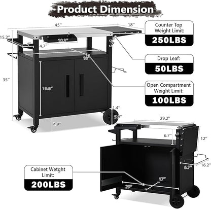 Outdoor Kitchen Island with Stainless Steel Top and Storage Cabinet, Metal Kitchen Island with Foldable Table and Hooks & Spice Rack, Rolling Grill Cart with Wheels and Waterproof Cover Included Black