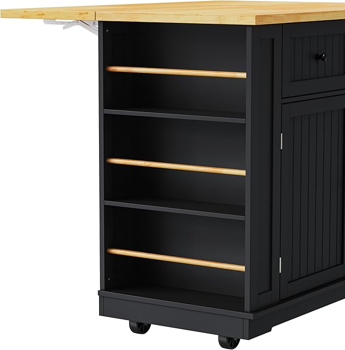 Ball & Cast Kitchen Island with 2 Bar Stools and Power Outlet,Rolling Kitchen Cart on 5 Wheels W/Drop Leaf&5 Open Side Racks,Kitchen Storage Cart W/Adjustable Shelf,for Kitchen,Dining Room,Black,48"