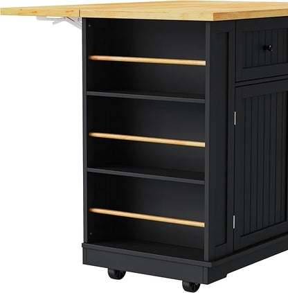 Ball & Cast Kitchen Island with 2 Bar Stools and Power Outlet,Rolling Kitchen Cart on 5 Wheels W/Drop Leaf&5 Open Side Racks,Kitchen Storage Cart W/Adjustable Shelf,for Kitchen,Dining Room,Black,48"