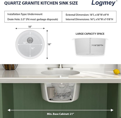 Logmey 18" Round Bar Sink White Granite Composite Quartz Undermount RV Sink Single Bowl Under Counter 9" Deep Kitchen Sinks,18x18x9 Inch