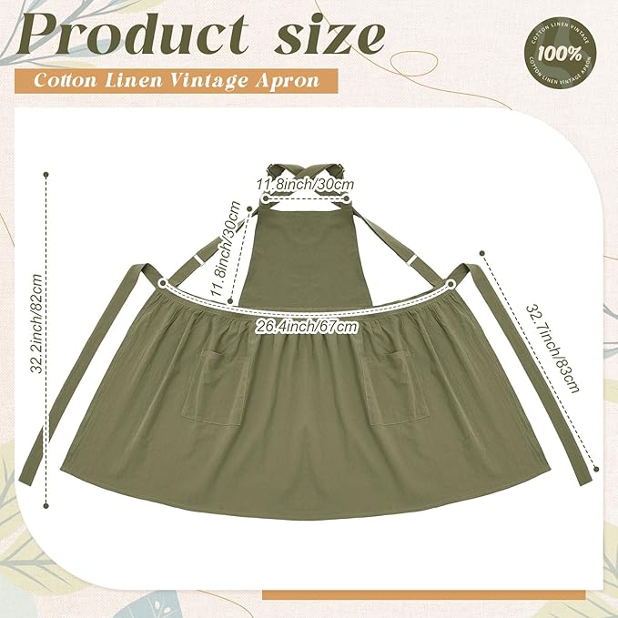 100% Cotton Aprons with Pockets Pinafore Dress for Women Vintage Cute Aprons for Kitchen Baking Gardening Painting