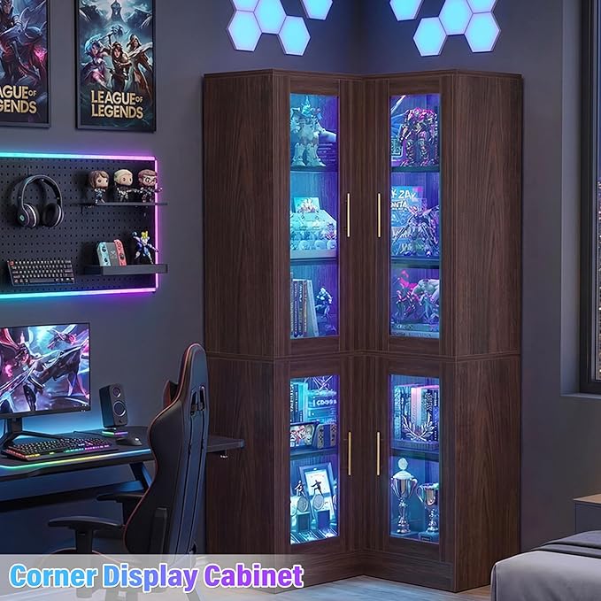 Armocity Corner Bookcase with Doors, 70" Tall Corner Bookshelf Cabinet with LED Lights, 6-Tier Corner Book Shelf for Home Office, Living Room, Black Walnut