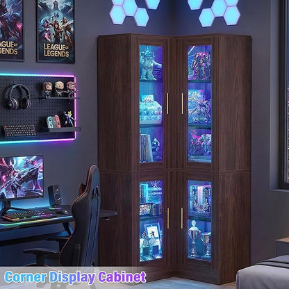 Armocity Corner Bookcase with Doors, 70" Tall Corner Bookshelf Cabinet with LED Lights, 6-Tier Corner Book Shelf for Home Office, Living Room, Black Walnut