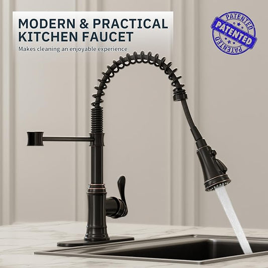 BWE Solid Brass Kitchen Faucet 1 or 3 Hole, Oil Rubbed Bronze Kitchen Sink Faucet with Pull Down Sprayer, Single Handle High Arc Faucet with 3 Mode Spray for RV Farmhouse Bar Kitchen
