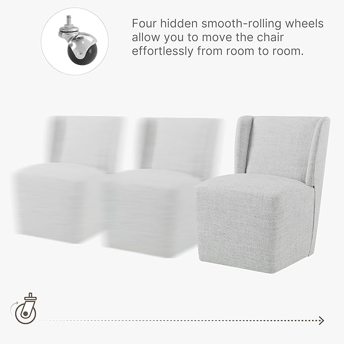 KISLOT Upholstered Dining Chairs Set of 4 with Casters, Wingback Modern Side Armless Deskchair with Rollers for Diningroom Bedroom Livingroom Reading Room, Pale Gray Fabric