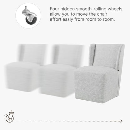 KISLOT Upholstered Dining Chairs Set of 4 with Casters, Wingback Modern Side Armless Deskchair with Rollers for Diningroom Bedroom Livingroom Reading Room, Pale Gray Fabric