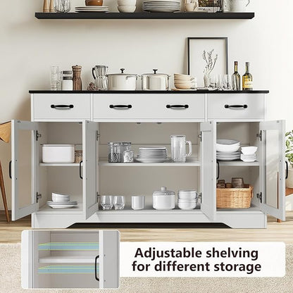 Likein Sideboard Buffet Cabinet with Storage - 55" Kitchen Storage Display Cabinet with 4 Drawers and Glass Doors, 15.8" D Farmhouse Wood Buffet Table Coffee Bar Cabinets for Entryway Living Room