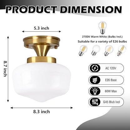 Brass Schoolhouse Ceiling Light 8" Mid Century Lights Fixtures Milk Glass Light Fixture School House Lights Fixture Ceiling Semi Flush Mount Ceiling for Bedroom Bathroom (Bulb Incl.)