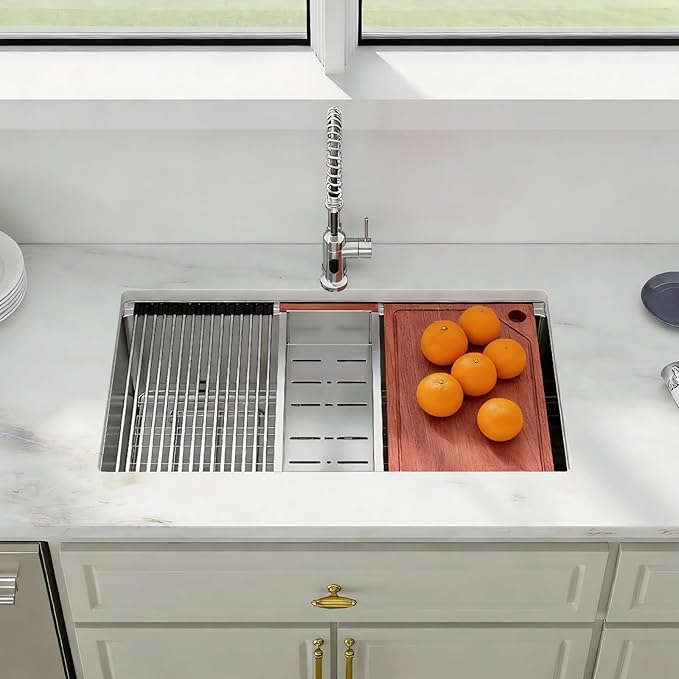 30 Undermount Sink Stainless Steel- Fuyuoer 30 Inch Kitchen Sink Workstation 16 Gauge Stainless Steel Single Bowl Round Corner Handmade Deep Basin Kitchen Sinks, 30x19x9 Inch