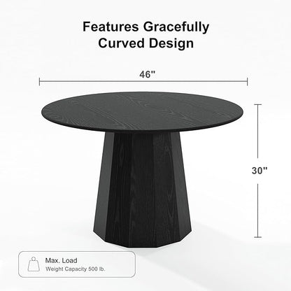 Casaphoria 46" Round Dining Table, Modern Wood Kitchen Table with Cone Shaped Strip Polygonal Base for Living Room & Dining Room, Easy Assembly Farmhouse Furniture for 4-6, Black