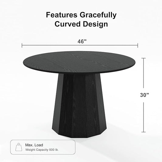 Casaphoria 46" Round Dining Table, Modern Wood Kitchen Table with Cone Shaped Strip Polygonal Base for Living Room & Dining Room, Easy Assembly Farmhouse Furniture for 4-6, Black