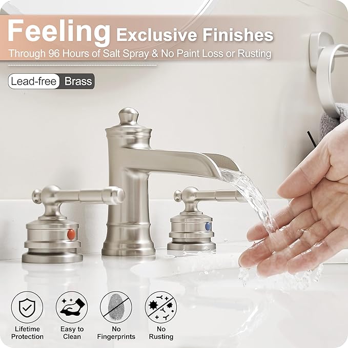 Waterfall Bathroom Faucet Matte Brushed Nickel, Brass 3 Hole Faucet Bathroom Sink Faucet Widespread 4-16 Inch Faucet for Bathroom Sink, 2 Handle Bathroom Faucets with Pop-up Drain & Water Hoses