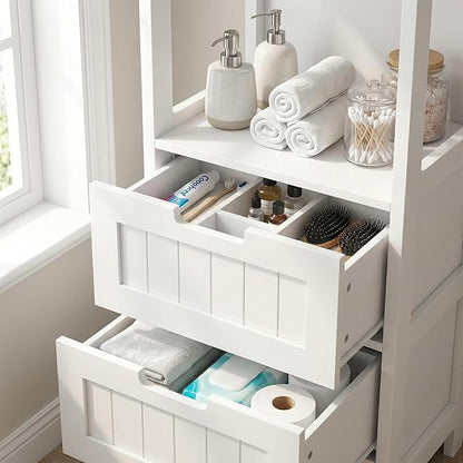 Casaphoria 2-Drawer Bathroom Floor Cabinet, Wooden Storage Organizer with Side Rack, Freestanding Stand Table for Bathroom, Hallway, White