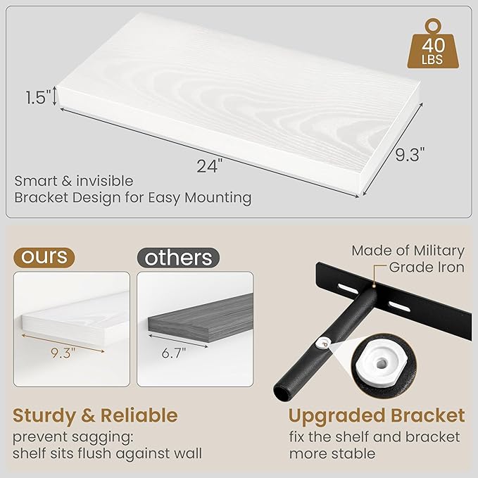 Fun Memories 24 Inch Floating Shelves in White, 9.3 Inch Deep Floating Shelf for Bathroom Living Room Kitchen, Rusitc Wall Mounted Bathroom Shelves 2 Pack, Heavy-Duty Deep Shelf for Books Decor