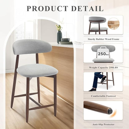 COLAMY Bar Stools Set of 3, Counter Height Barstools with Back, Upholstered Bar Stools with Wood Legs for Kitchen Island Dining Room Bar, Light Grey