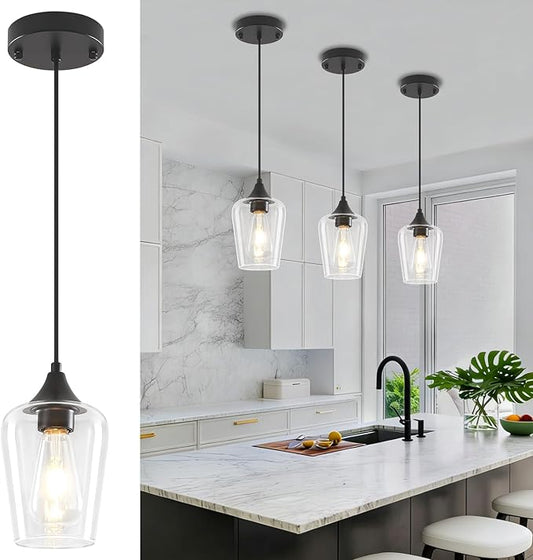 3-Pack Black Pendant Lights Kitchen Island, Modern Glass Pendant Lighting Over Island Kitchen Hanging Light Fixtures Hallway Pendant Lights for Bathroom Dining Room Entryway Foyer Bedroom