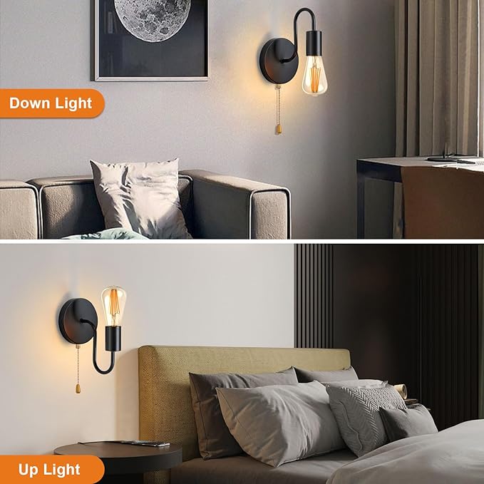 Vintage Pull Chain Wall Lights Set of Two, with Switch Black Wall Sconce E26 Industrial Wall Lamp Retro Wall Lighting Hard Wired Sconces Lighting for Mirror Bedroom Living Room Hallway